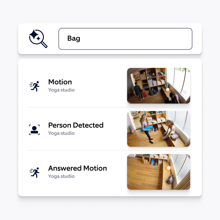 Security app interface showing yoga studio surveillance with motion and person detection alerts and thumbnail images.