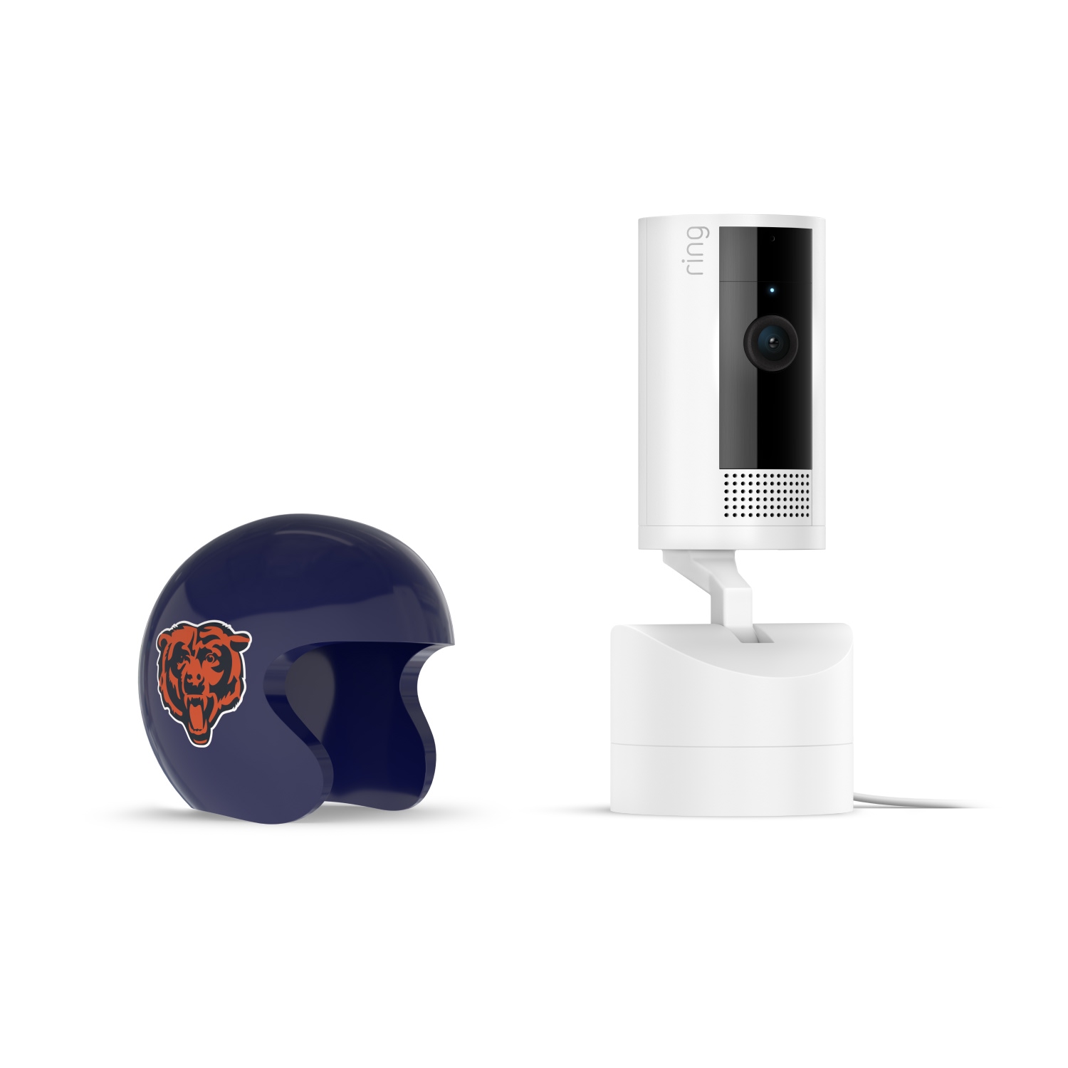 Pan-Tilt Indoor Cam, White + NFL Game Day Cam Cover — NFC - White Ring indoor camera on a stand beside a navy mini football helmet with a roaring bear logo on a white background.