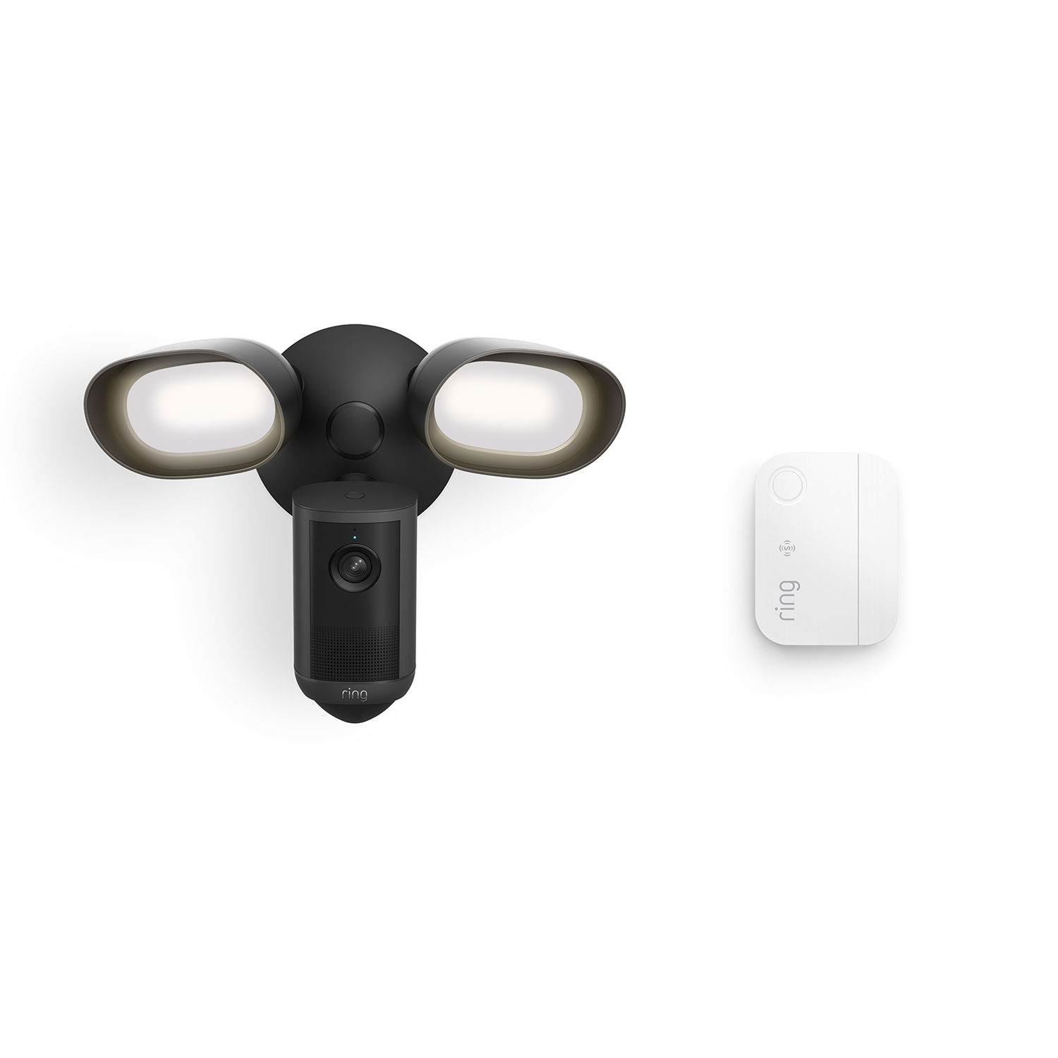 Floodlight Cam 4K Plus, Wired + Window & Door Sensor - Ring Floodlight Cam 4K Plus (Wired) in black with a white Window & Door Sensor.