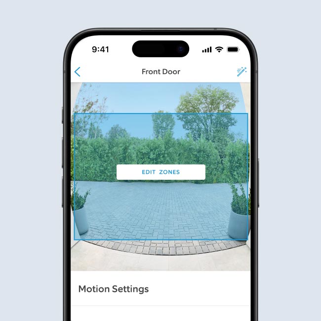 Smartphone screen showing doorbell camera view in Ring app’s Motion Settings Zones feature, with a translucent blue overlay signifying the borders of the Motion Zone.