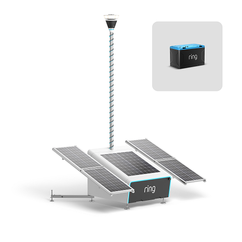 Ring solar-powered security unit with four angled panels, a tall mast-mounted camera, and included blue-and-black battery pack on white background.