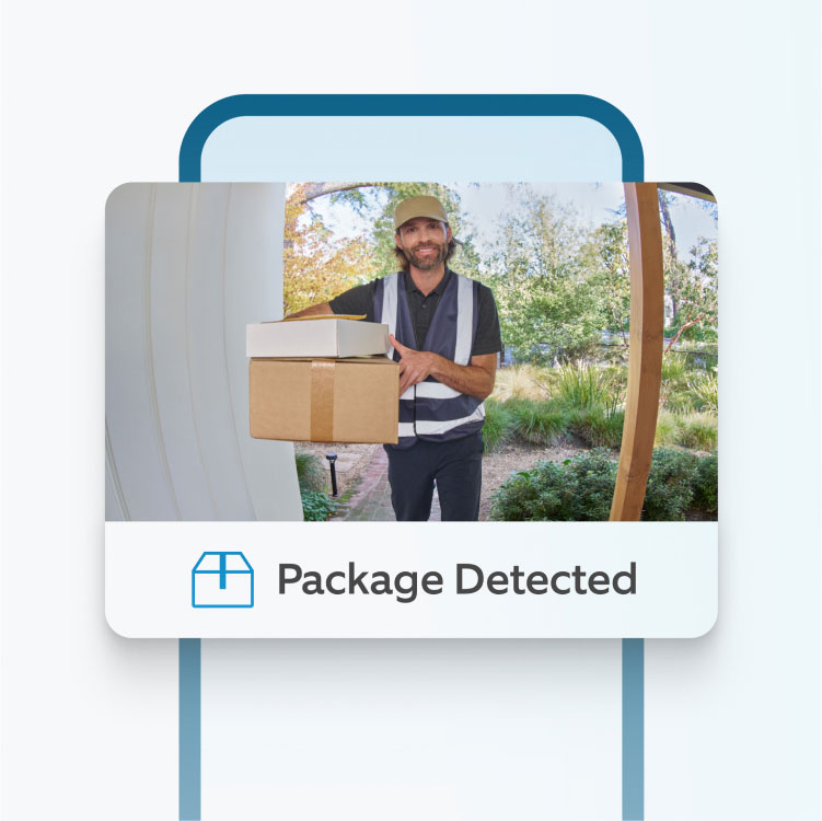 Graphic phone frame with Person and Package Alert showing delivery driver with packages. Text reads 'Package detected.'