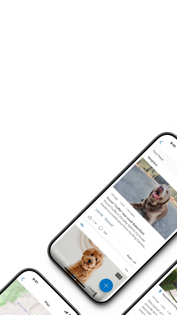 Smartphone displaying a neighborhood app with a post about a found dog named Truffle, with photos of two different dogs.