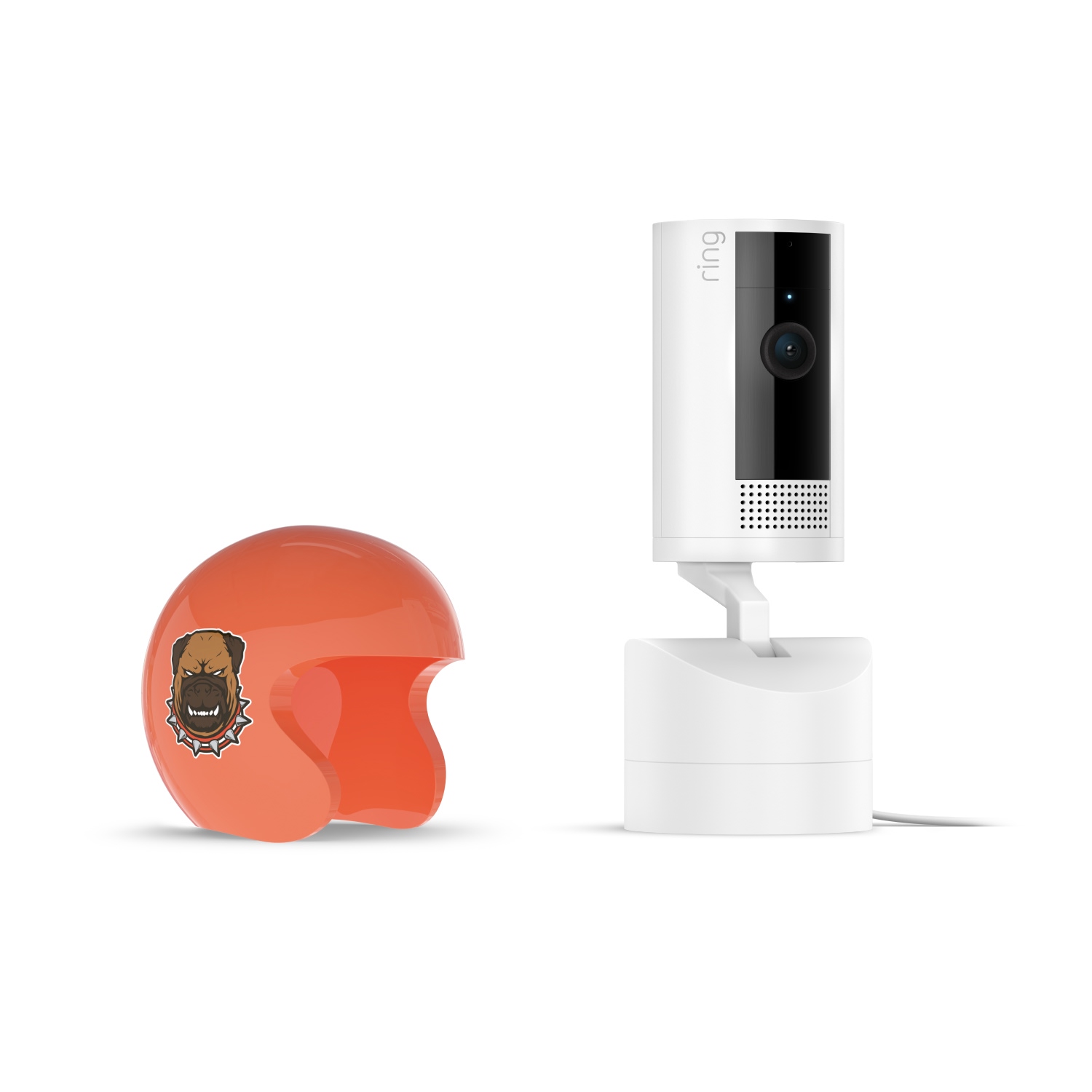 Pan-Tilt Indoor Cam, White + NFL Game Day Cam Cover — AFC - White Ring Pan-Tilt indoor camera on stand beside glossy orange open-face helmet with a fierce dog decal, on a white background.