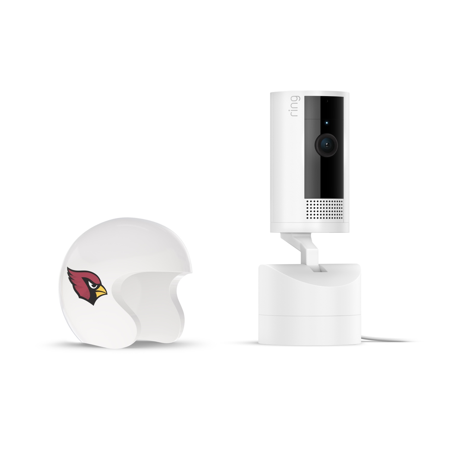 Pan-Tilt Indoor Cam, White + NFL Game Day Cam Cover — NFC - White indoor camera on a stand next to a small white helmet shell with a red bird logo, set on a plain white background.