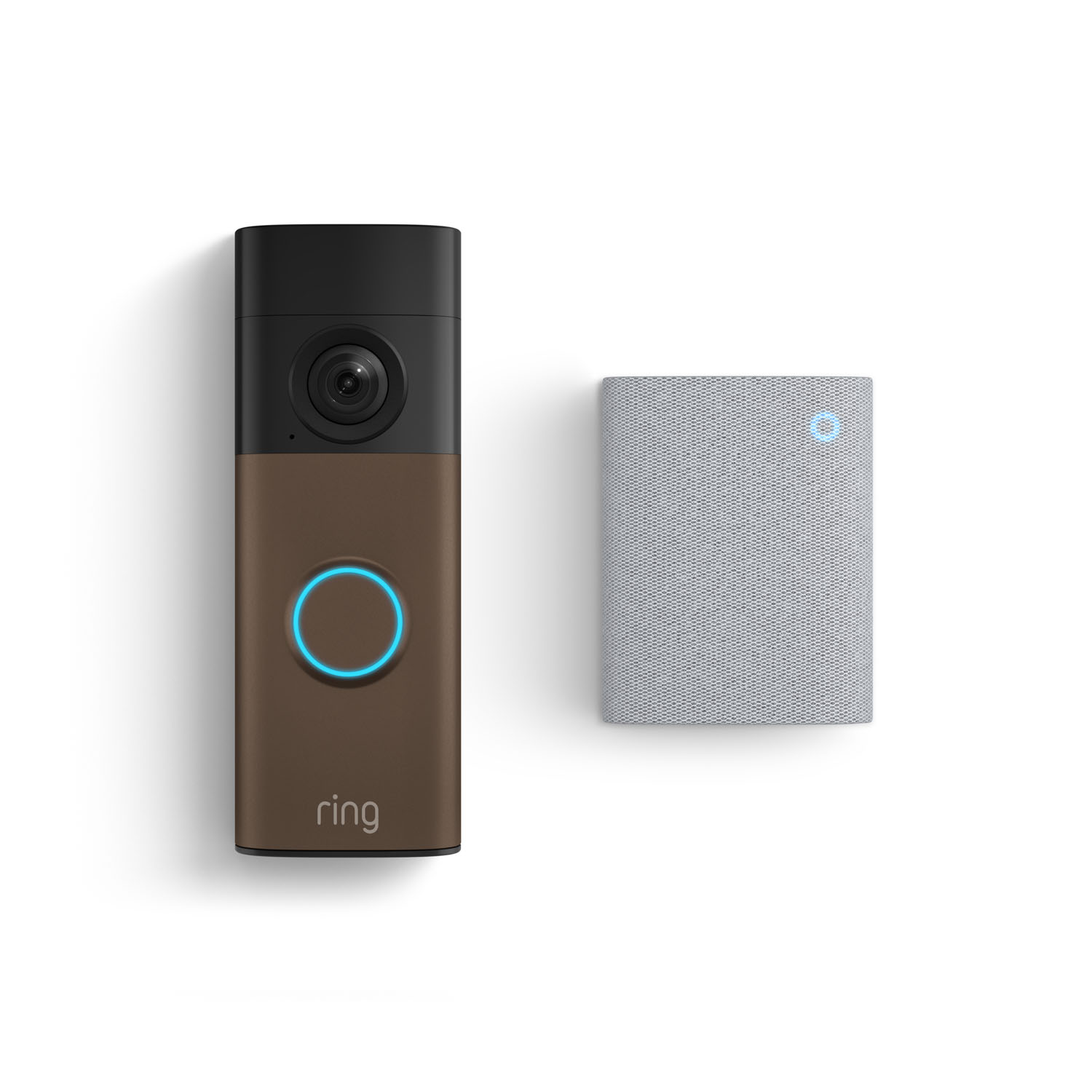 Battery Doorbell (Newest Model) + Chime (Newest Model) - Ring video doorbell with brown faceplate and glowing blue button beside a gray chime speaker with small blue status light.