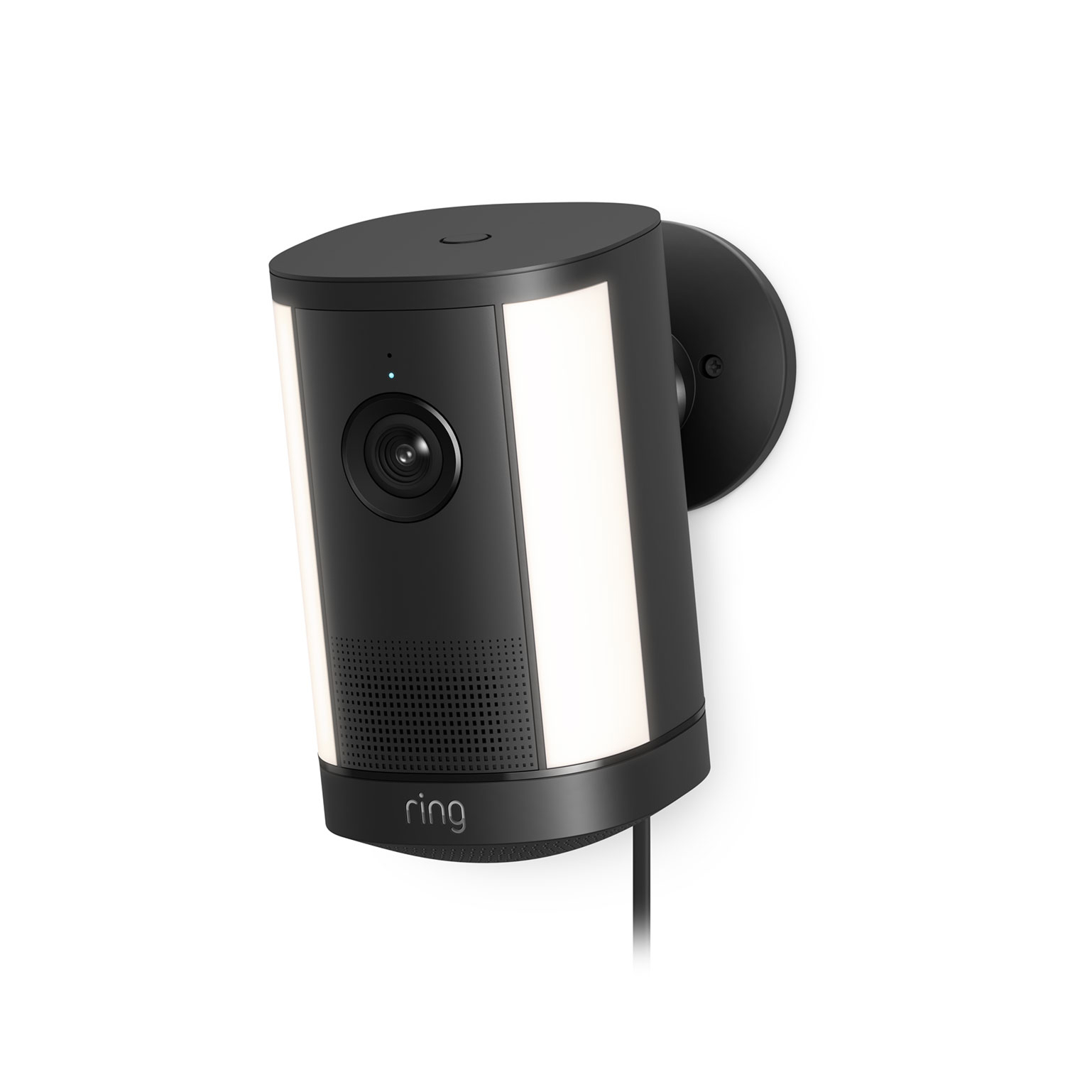Spotlight Cam 4K Plus - Black Ring wall-mounted security camera with wide LED light panels, lens centered, small indicator light, and power cord attached.