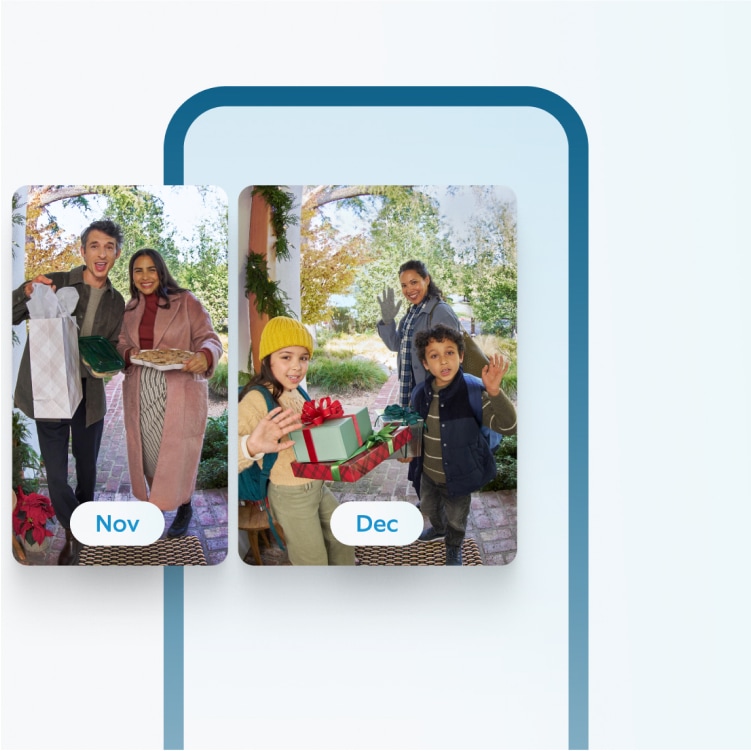 Two images showing visitors at a front door, demonstrating Ring Video Event History feature from March to April.