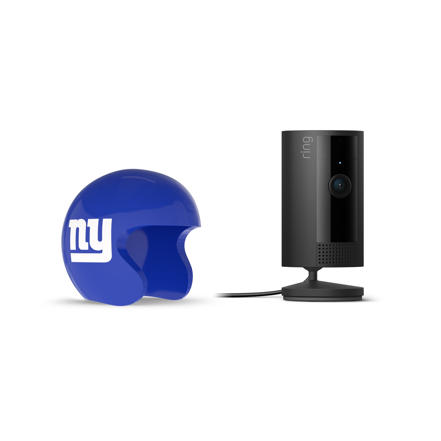 Indoor Cam, Black + NFL Game Day Cam Cover — NFC - Black Ring indoor camera on a stand beside a blue mini football helmet with white “ny” logo on a white background.