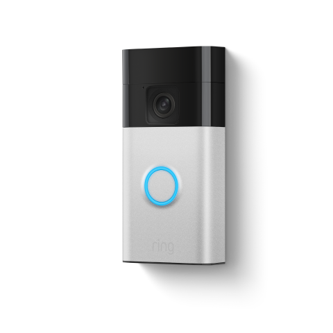 Ring Battery Doorbell with a black top, satin-nickel faceplate, and blue-lit button.