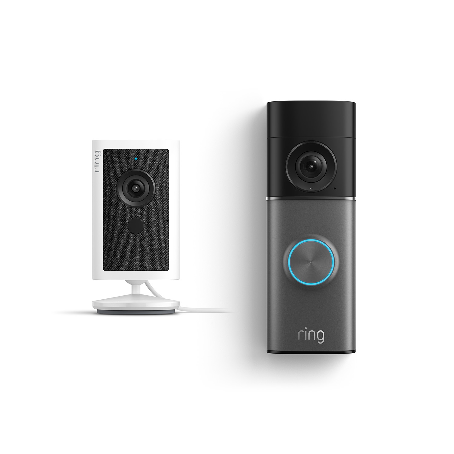 Wired Doorbell 4K Pro + Indoor Cam 4K - Ring indoor camera on a stand next to a black and gray Ring video doorbell with a glowing blue button, shown on a white background.