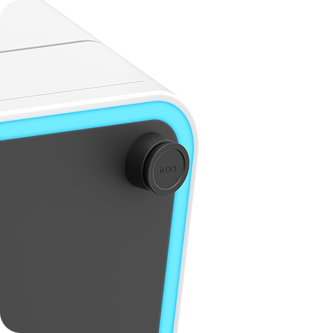 Close-up of a modern device corner with a glowing blue edge and a small round black sensor labeled “iLOQ” on a gray panel.