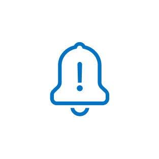 Blue bell icon with an exclamation mark, centered on a white circle, indicating an alert or notification.