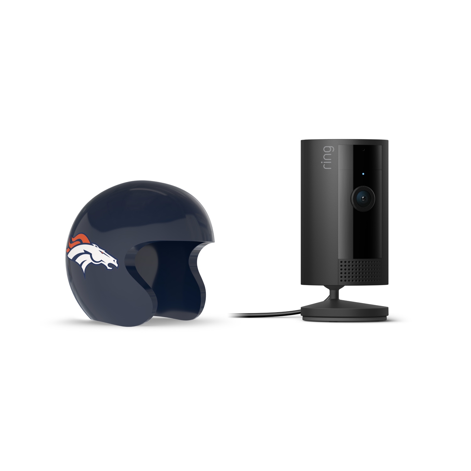 Indoor Cam, Black + NFL Game Day Cam Cover — AFC - Black Ring indoor camera on a stand beside a navy football helmet with a white horse logo, set on a white background.