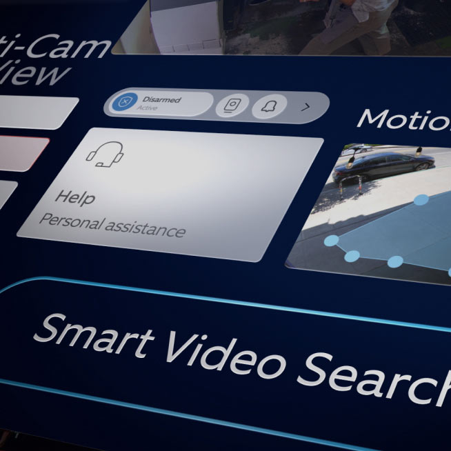 A person clicking on an alarm keypad while a thief tries to break into a home. Video pans to a woman wearing a headset.