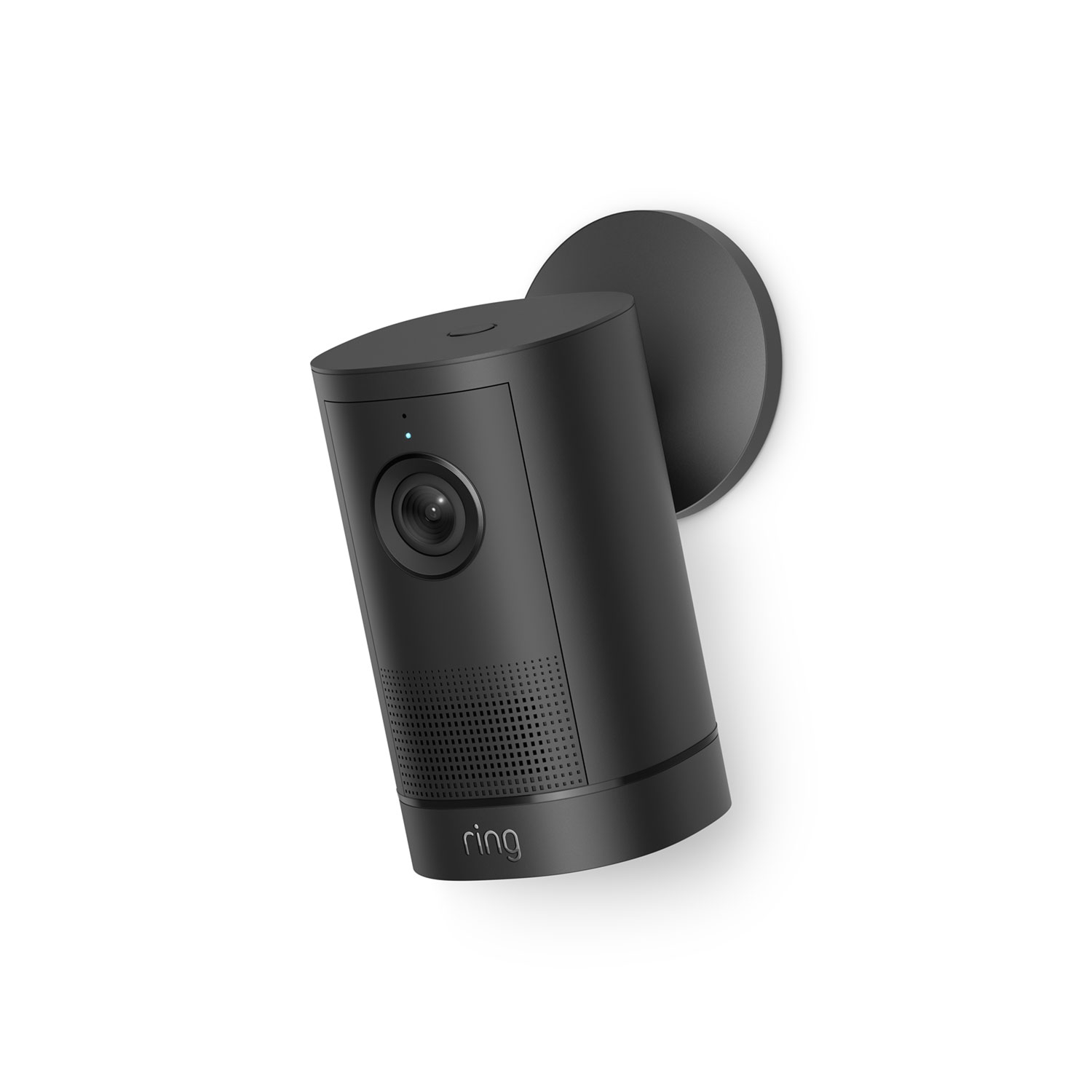 Outdoor Cam 4K Plus  - Black Ring Outdoor security camera mounted on a wall, angled left, with lens, status light, and speaker grille visible.