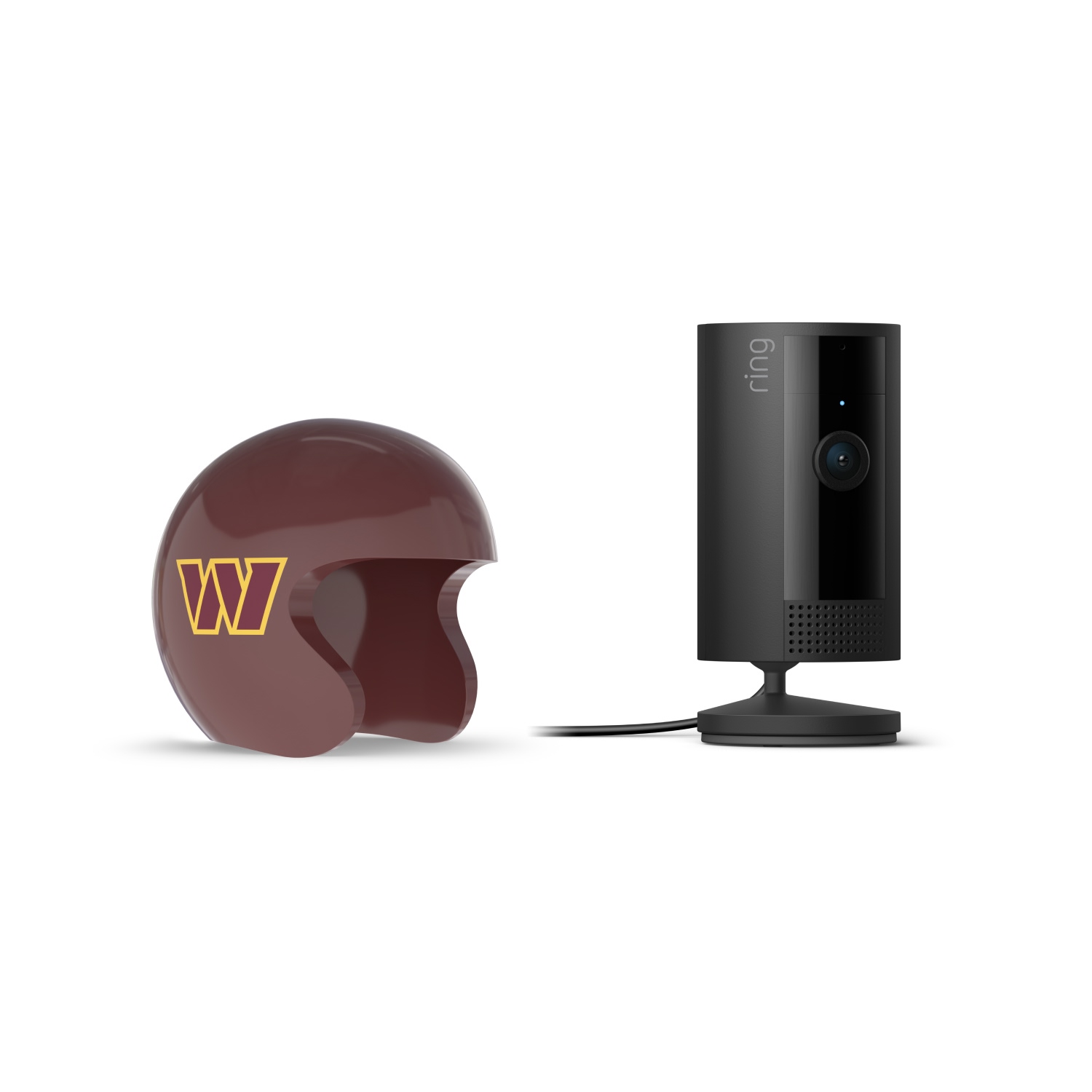 Indoor Cam, Black + NFL Game Day Cam Cover — NFC - Black Ring indoor camera on a stand next to a maroon mini football helmet with a yellow “W” logo on white background.