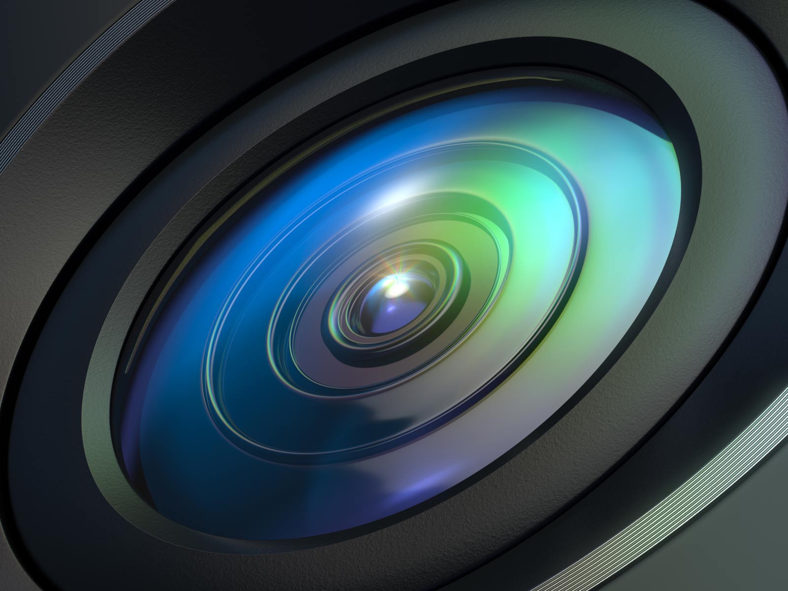 A macro, close-up of a Ring camera lens shows the complexity of the technology inside. 