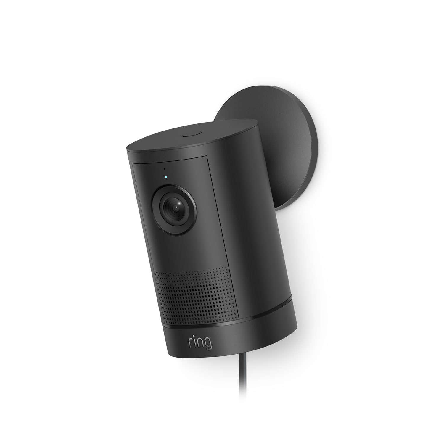 Outdoor Cam 4K Plus  - Black Ring stick-up outdoor camera mounted on a wall, showing lens, status light, speaker grill, and power cable.
