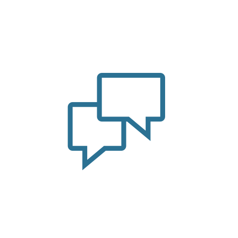 Two speech bubbles in blue, representing customer support and communication, inside white circular background.