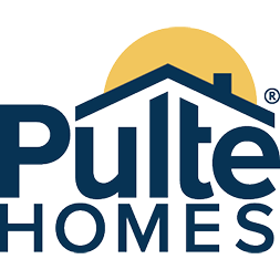 Pulte Homes logo with a navy house roof silhouette and chimney over the word “Pulte,” sun rising behind, “HOMES” in bold below.
