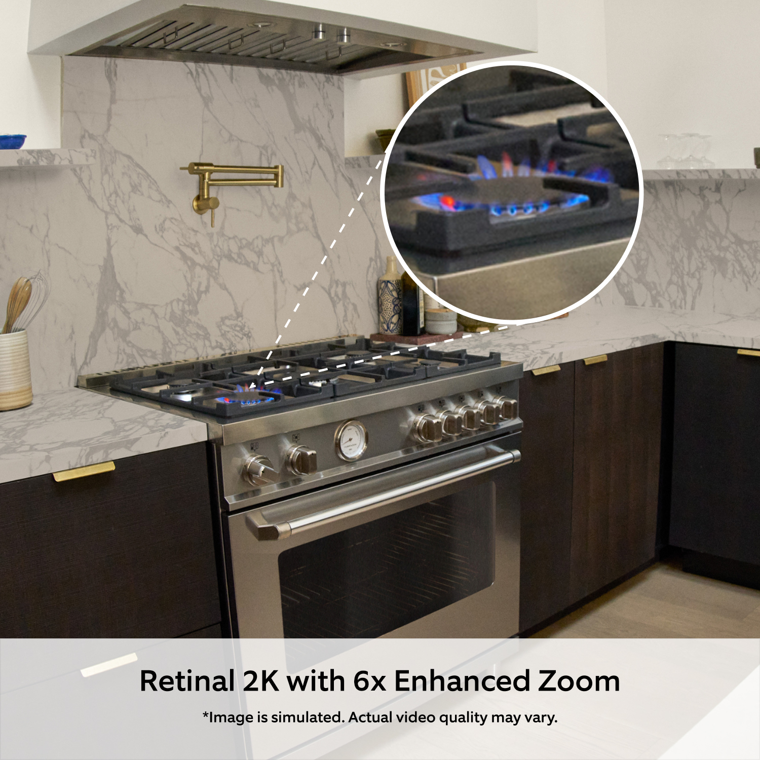 Indoor Camera 2K Plus - Close-up of a stainless steel gas stove with multiple burners. A circular inset shows a zoomed in view of a lit burner with blue flames. The stove is set against a marbled backsplash. Text overlay reads 'Retinal Vision 2K with 6x Enhanced Zoom' 