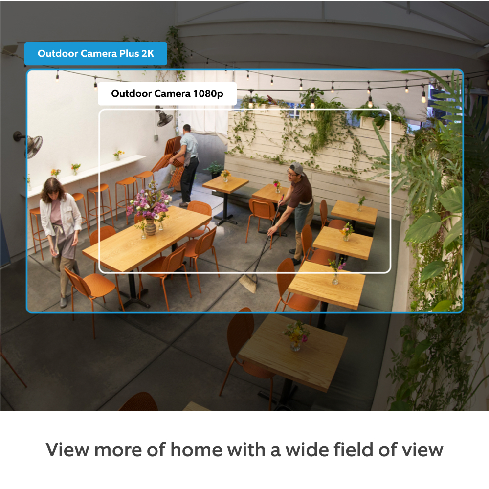 Outdoor Camera Plus (Featuring 2K Video with Ring Vision) - Power over Ethernet:2 male staff sweeping and stacking chairs while a lady customer is walking out the greenery themed cafe with orange chairs and wooden tables