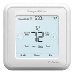 Honeywell Home smart thermostat with white frame displaying 72°F, schedule time 6:30 PM, mode Heat, fan Auto, and Home selected