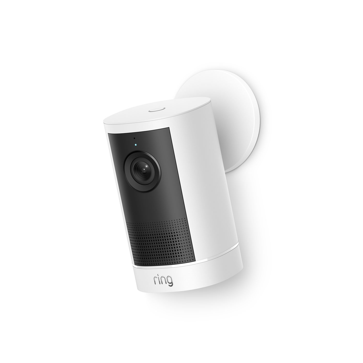 Outdoor Cam 4K Plus  - White Ring outdoor camera mounted on a wall, featuring a black front panel with lens, LED indicator, and speaker grill.