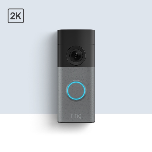 Ring video doorbell with black camera top, gray body, blue illuminated button, and 2K resolution indicator.