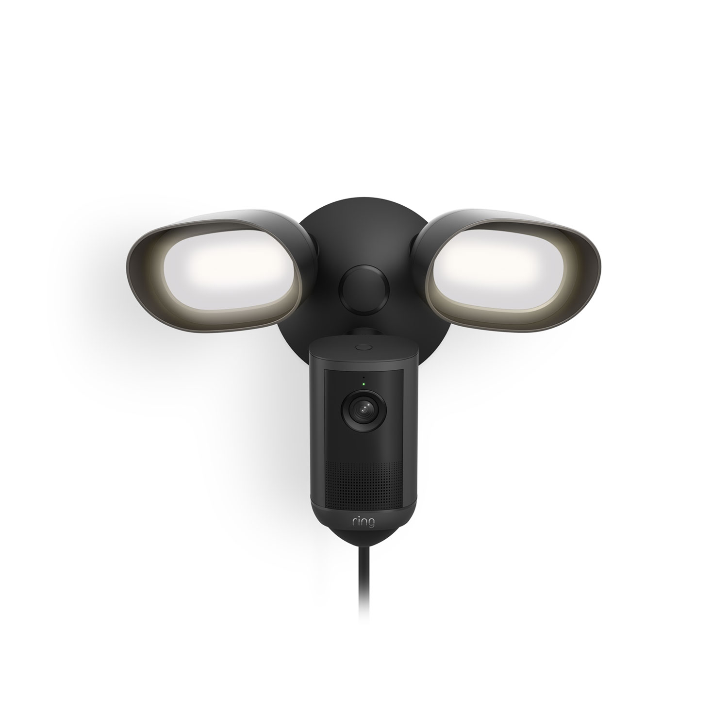 Floodlight Cam 4K Plus - Black outdoor floodlight with two LED lamps and a central camera unit, wall-mounted against a white background.