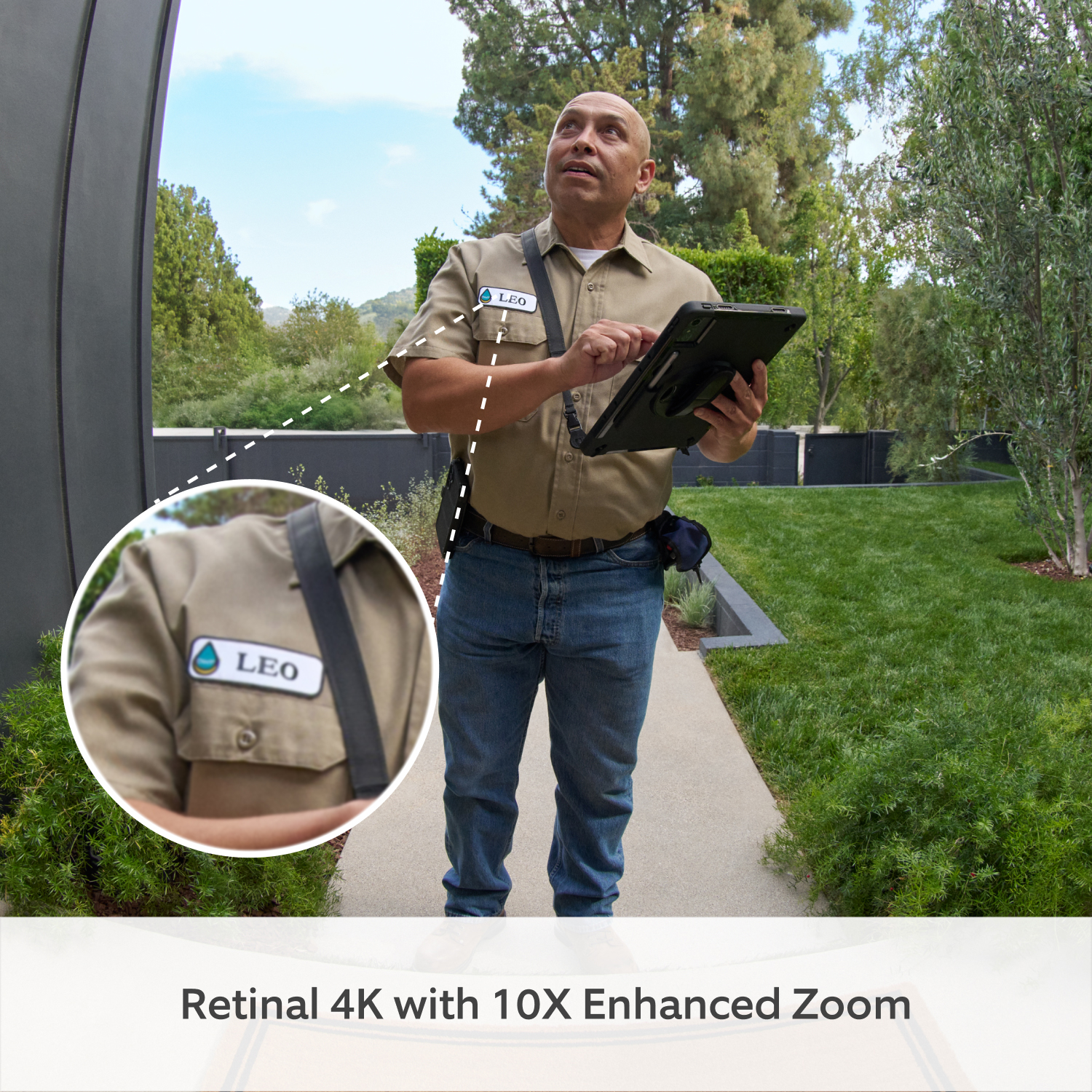 Wired Doorbell Pro (3rd Gen) + Chime (3rd Gen)  - A service professional in a tan uniform shirt and jeans holds a clipboard while standing on the walkway. The image includes a zoomed-in circular detail of their uniform patch, and text at the bottom reads 'Retinal 4K with 10X Enhanced Zoom.'