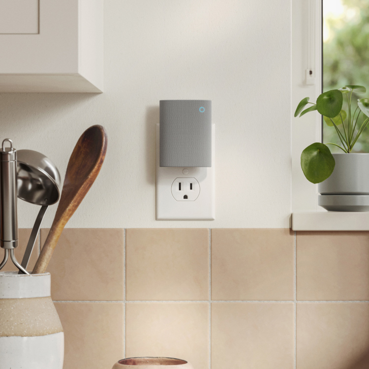 Ring's Chime (3rd Gen) plugged into the kitchen wall. Kitchen cabinetry, utensils, and indoor plant shown.