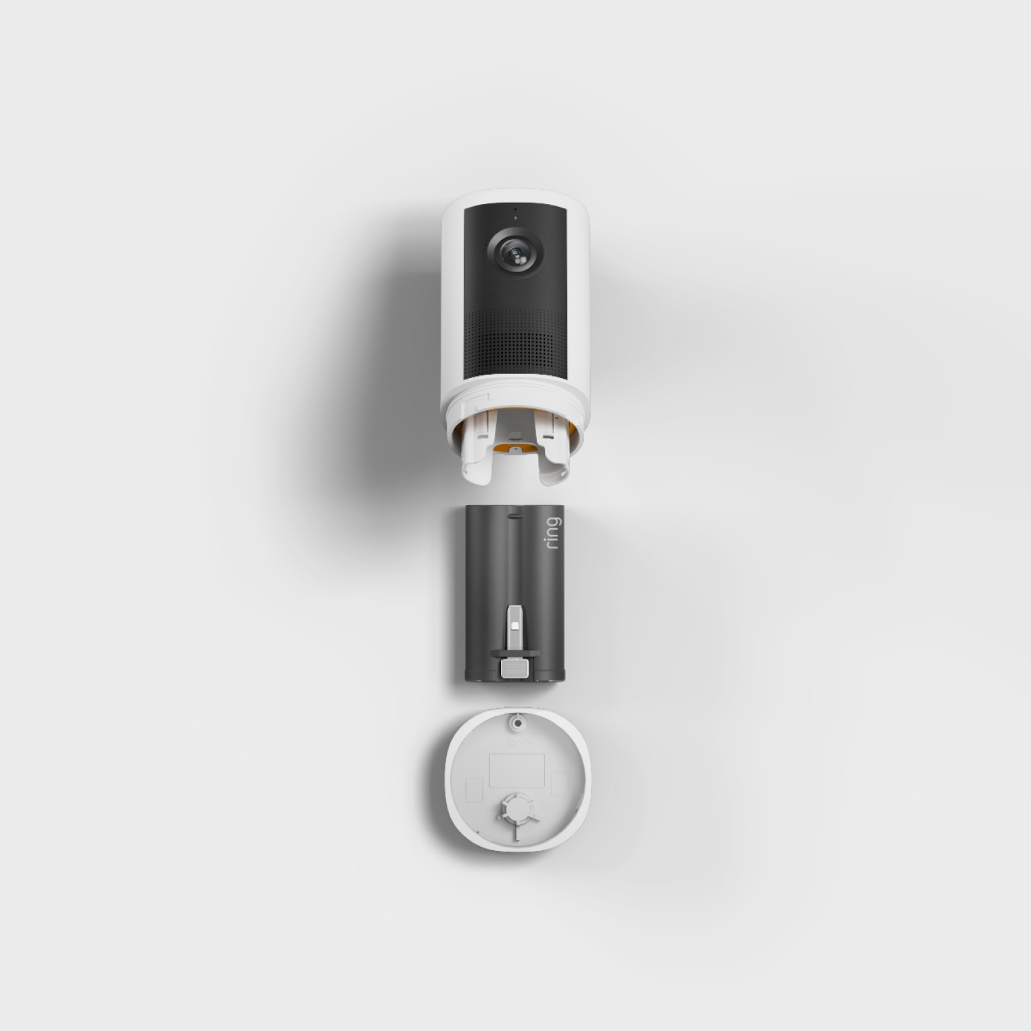 Outdoor Cam 4K Plus  - Battery:White indoor security camera with black front, shown disassembled with removable battery and round wall mount on a light gray background.