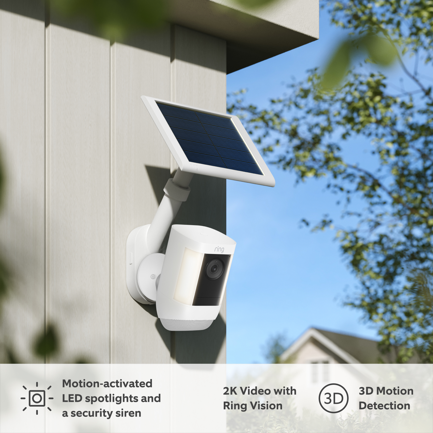 Spotlight Cam Pro Solar + Pole and Wall Mount (2K Video with Ring Vision) - White Spotlight Cam Pro Solar + Pole and Wall Mount