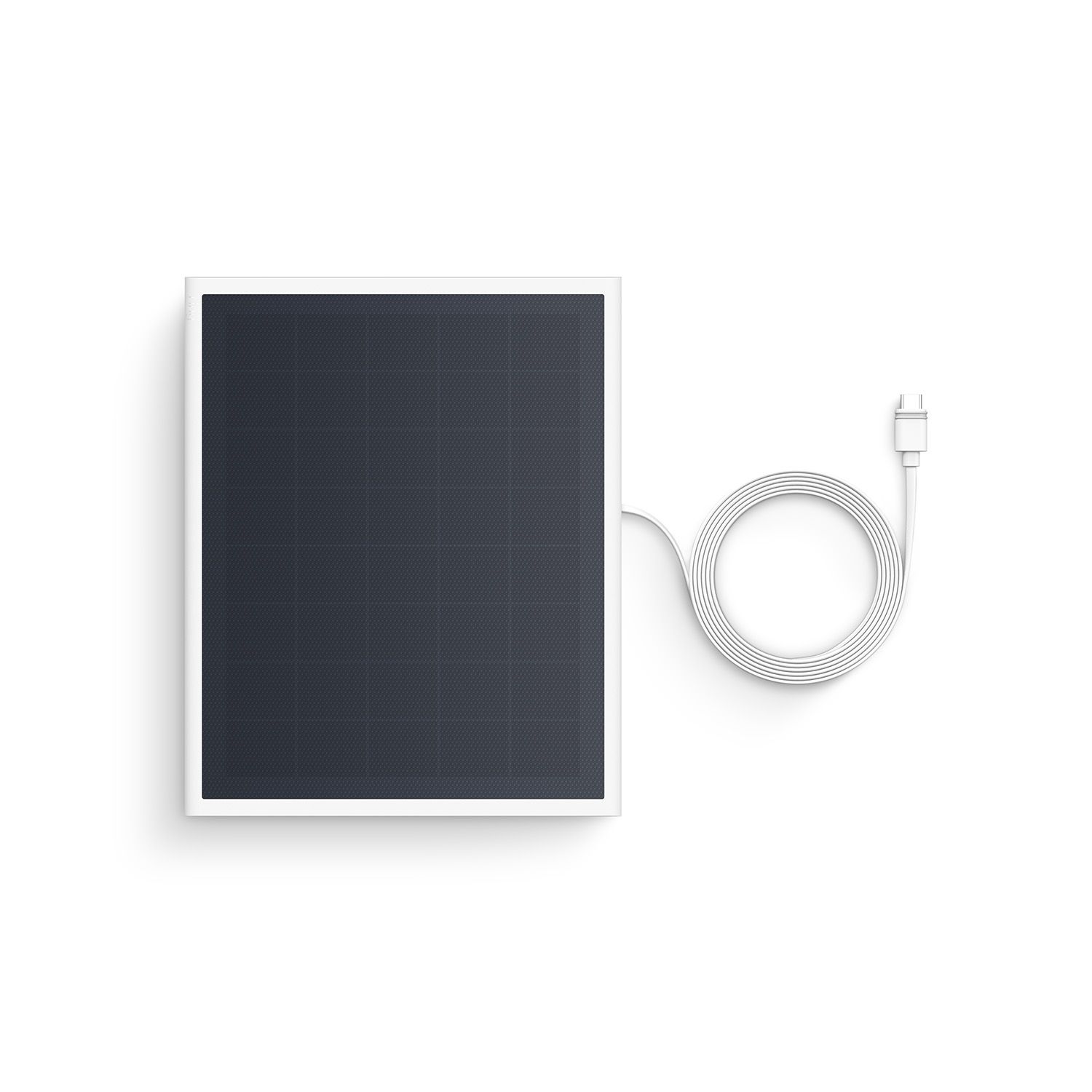 Solar Panel 6W (USB-C) (for Outdoor Cam 4K Plus, Spotlight Cam 4K Plus) - Rectangular solar panel with white frame and a long coiled white cable ending in a plug, shown on a white background.