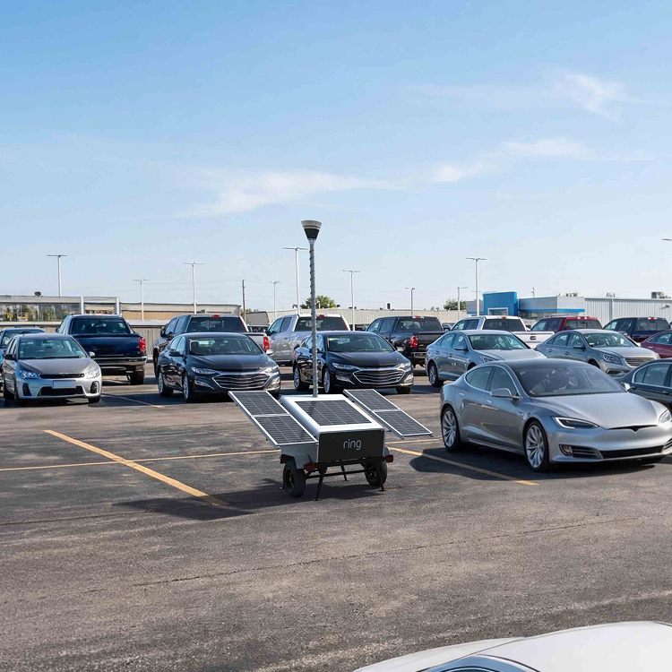 Car dealership lot with rows of parked vehicles and a Ring mobile solar-powered security tower unit under a clear blue sky.