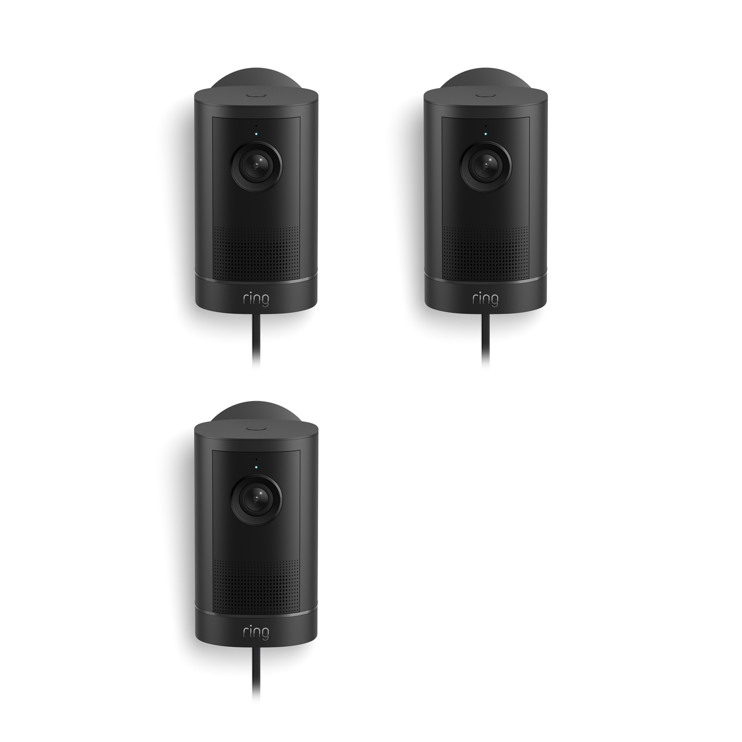 Outdoor Cam 4K Plus  - Set of three black Ring wired cameras on a white background, each with lens, speaker grille, and small status light.