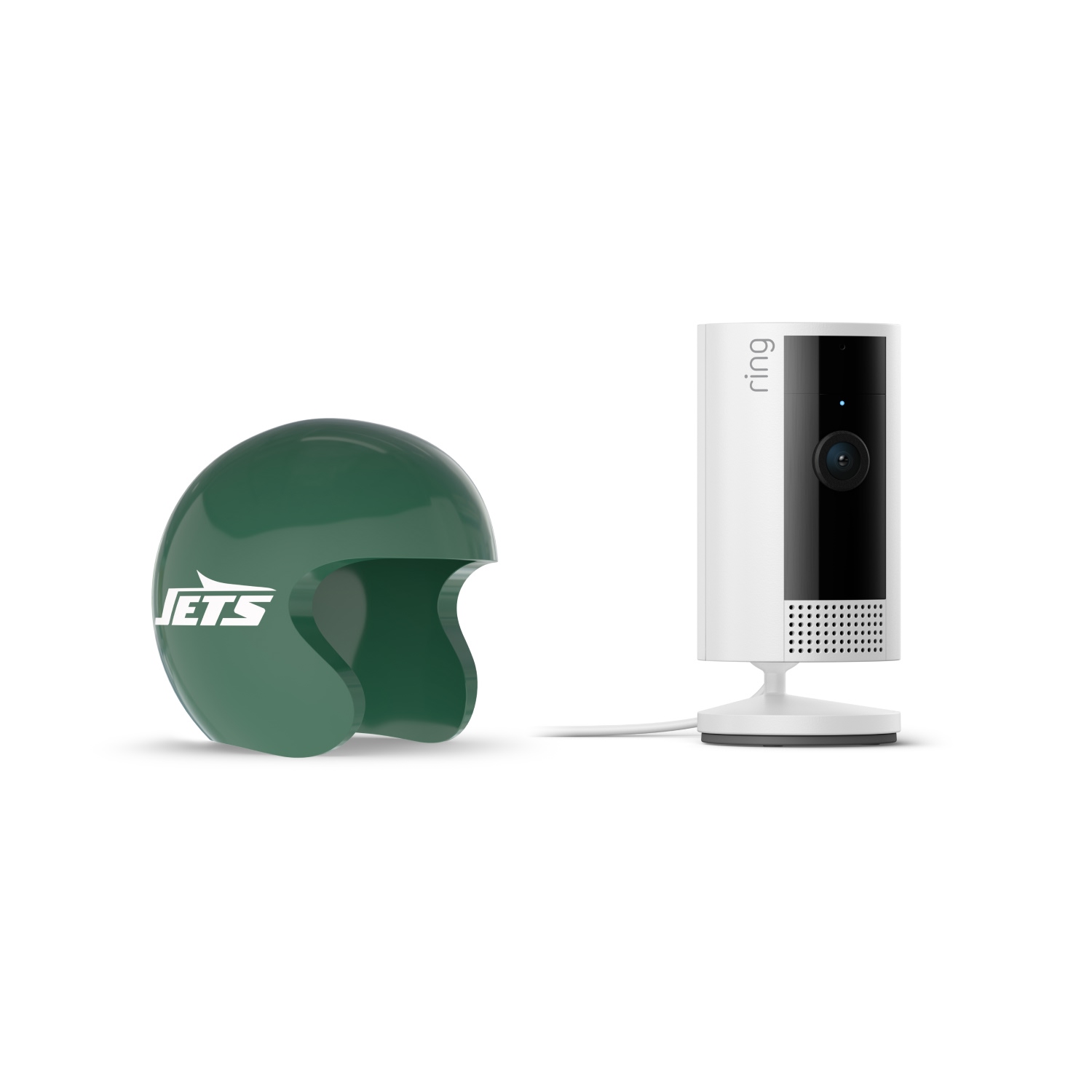Indoor Cam, White + NFL Game Day Cam Cover — AFC - White Ring indoor camera on stand beside a glossy green Jets mini helmet on a white background.