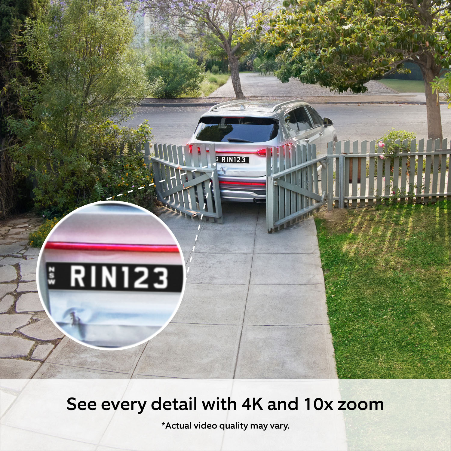 Floodlight Camera Pro (2nd Gen) (Featuring Retinal 4K) - Driveway with a car backing into, and breaking, the driveway security gate. Graphic shows a zoomed-in view of the car number plate