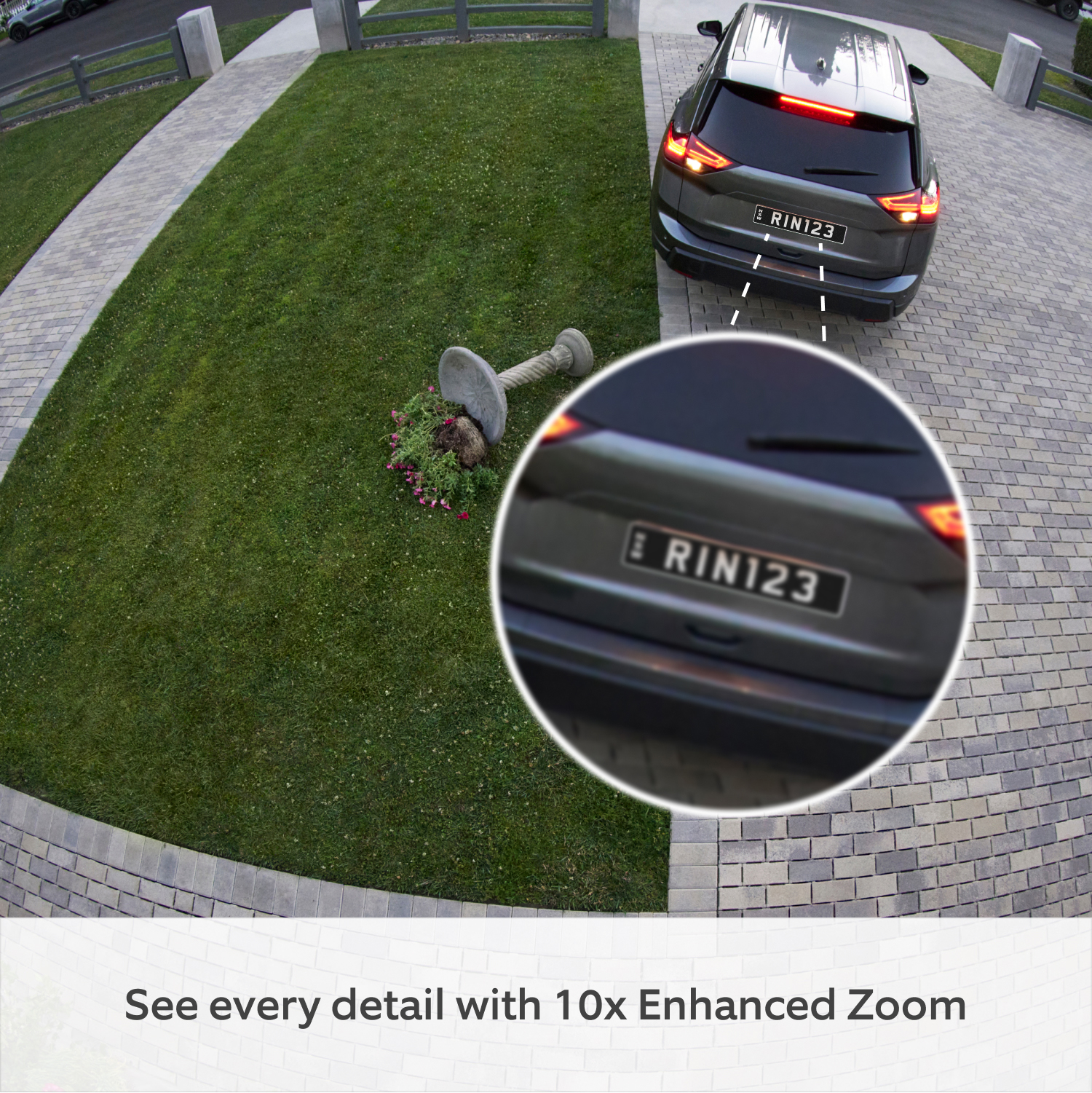 Outdoor Camera Pro (Featuring Retinal 4K) - Driveway with a car driving away. Graphic shows a zoomed-in view of the car number plate.