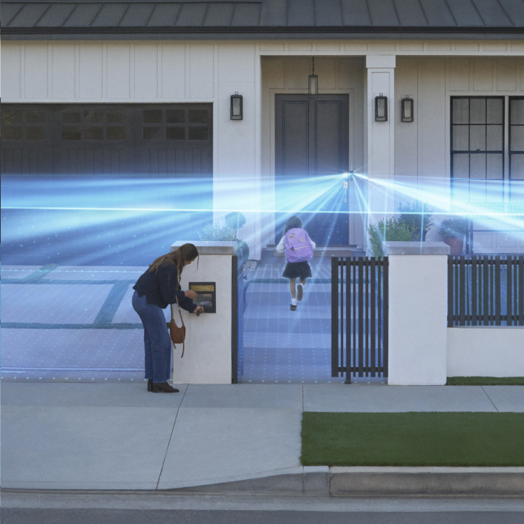 Woman uses keypad at gate while a child with a pink backpack runs toward a front door, with 3D motion illustrating smart home tech.
