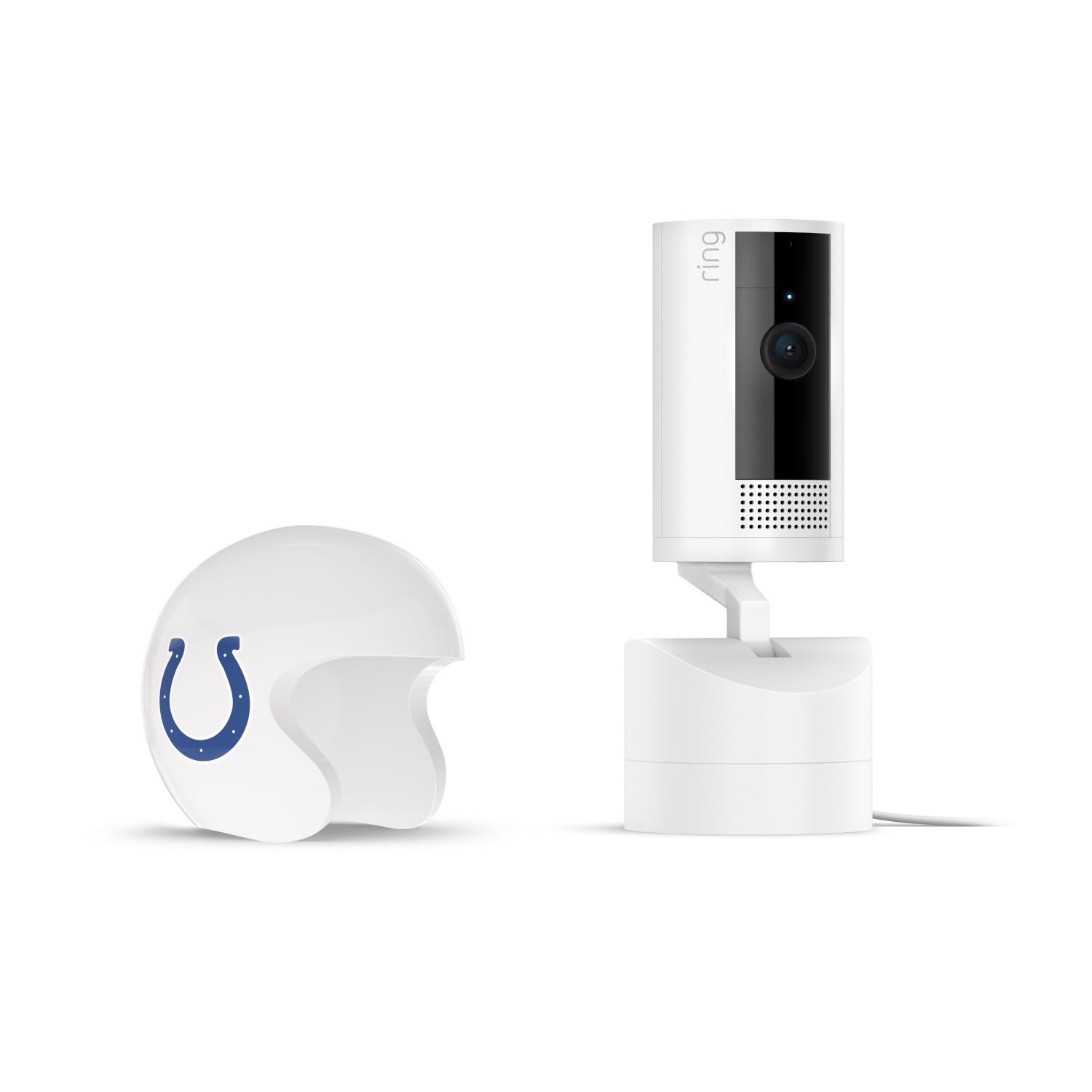 Pan-Tilt Indoor Cam, White + NFL Game Day Cam Cover — AFC - White Pan-tilt indoor camera on a charging dock beside a white football helmet with a blue horseshoe logo, set on a white background.
