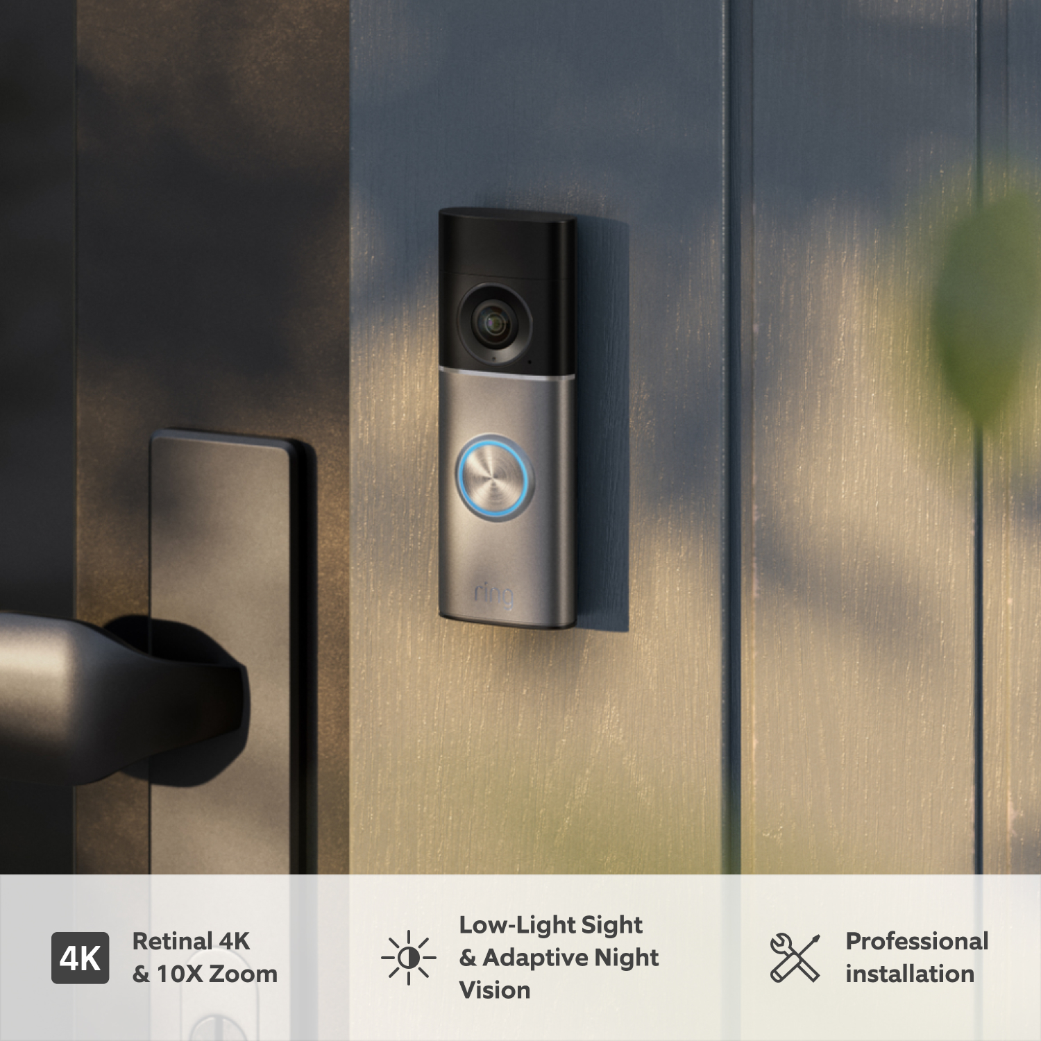 Wired Doorbell Pro (3rd Gen) + Chime (3rd Gen)  - Wired Video Doorbell Pro (3rd Gen) mounted on a dark wooden door next to a door lock, with natural lighting creating a subtle marbled shadow effect across the surface. 