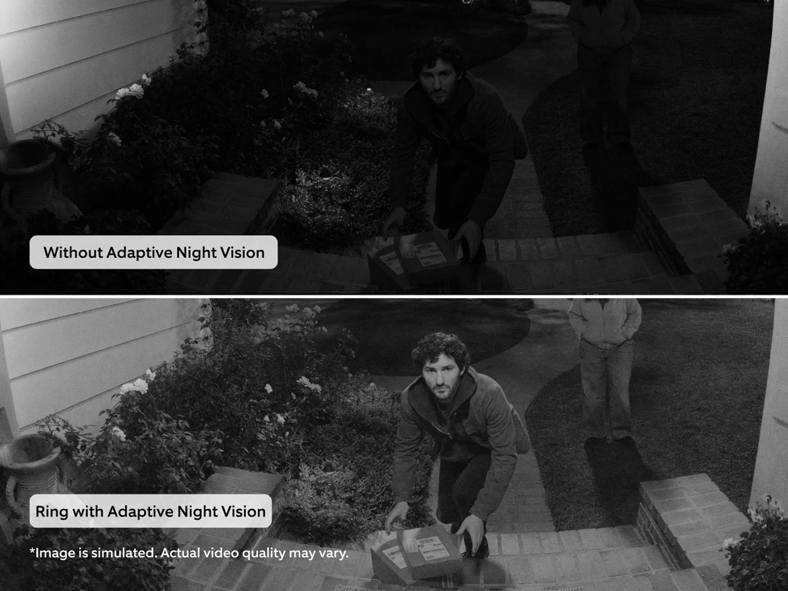 Split-screen comparison shows a person handling packages at night. The top image without Adaptive Night Vision is dark and lacks detail, while the bottom image with Adaptive Night Vision is clearer and brighter, revealing more of the scene.