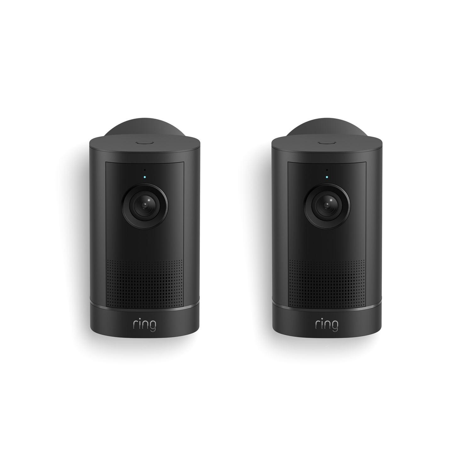 Outdoor Cam 4K Plus  - Two black Ring outdoor security cameras side by side on a white background, each with a lens, speaker grille, and small status light.