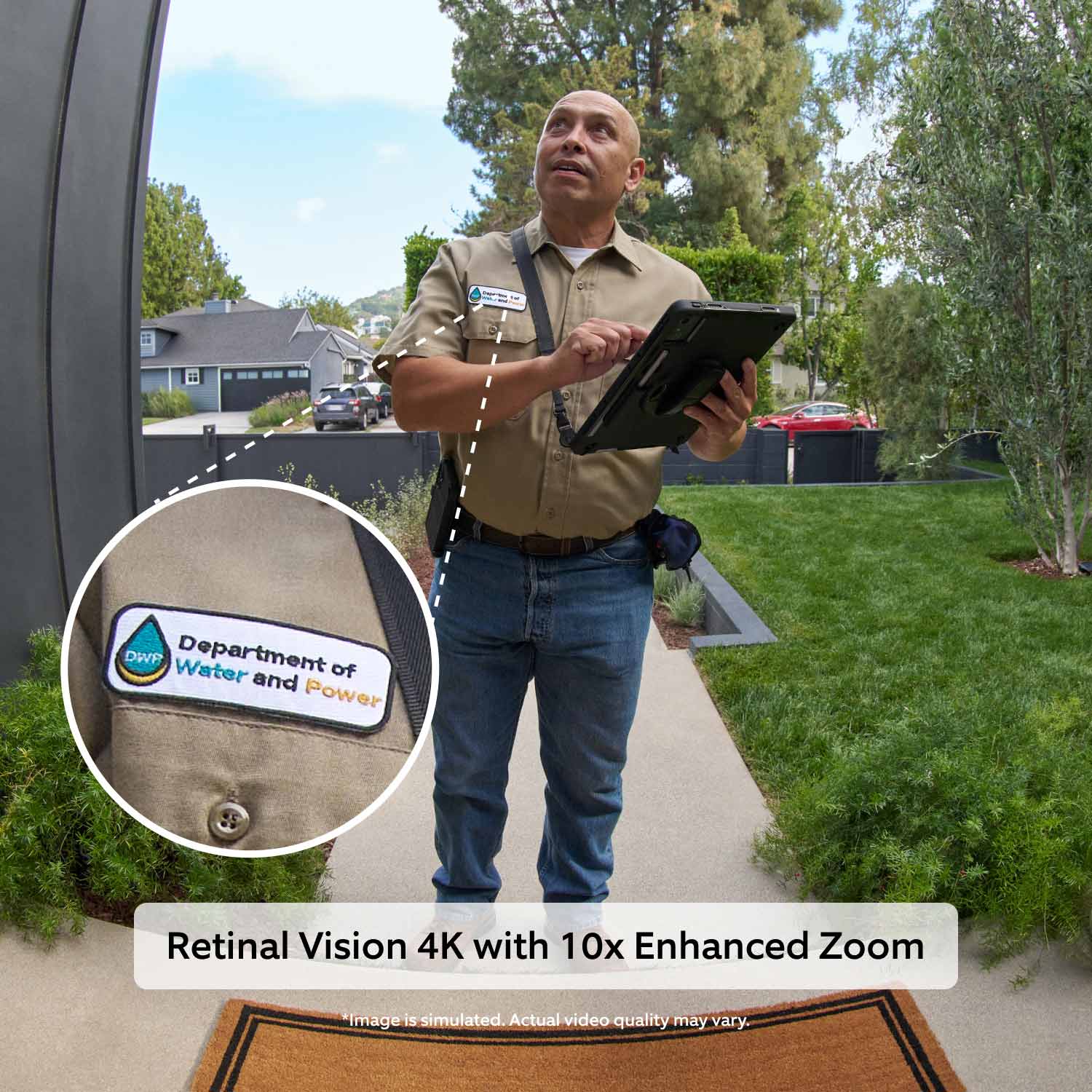 Wired Doorbell Pro (Newest Model), Power over Ethernet (Featuring Retinal 4K) - A service professional in a tan uniform shirt and jeans holds a clipboard while standing on the walkway. The image includes a zoomed-in circular detail of their uniform patch, and text at the bottom reads 'Retinal 4K with 10X Enhanced Zoom.