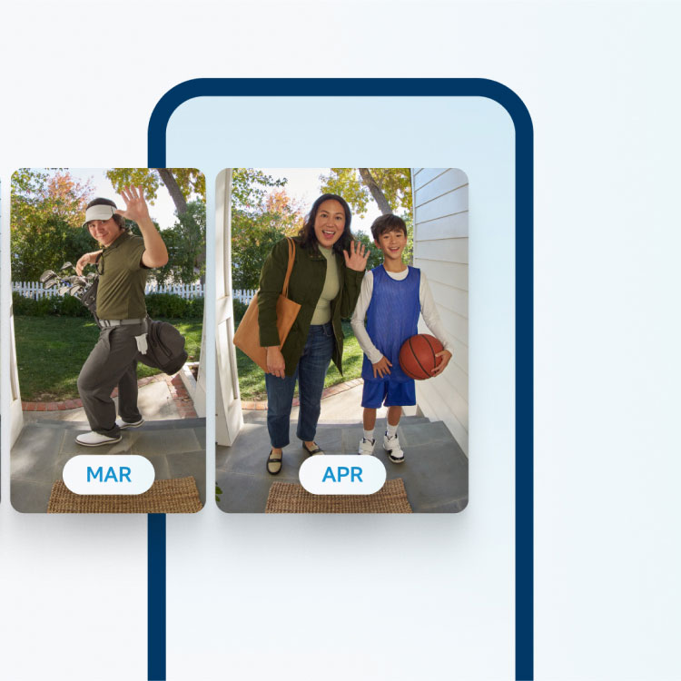 Graphic phone frame with 2 image overlay of people at front door captured by video doorbell, text reads “March, April.”