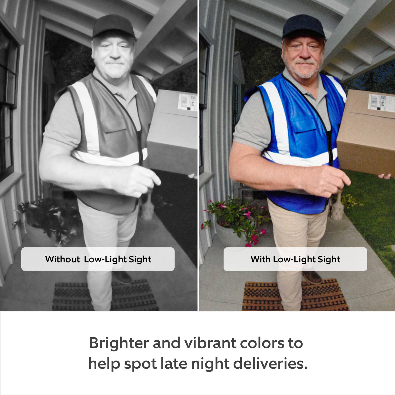 Wired Video Doorbell Plus (2nd Gen) (Featuring Retinal 2K) - Two images side by side of delivery man holding package, left side is black and white, right side is coloured showing how low-light sight works.