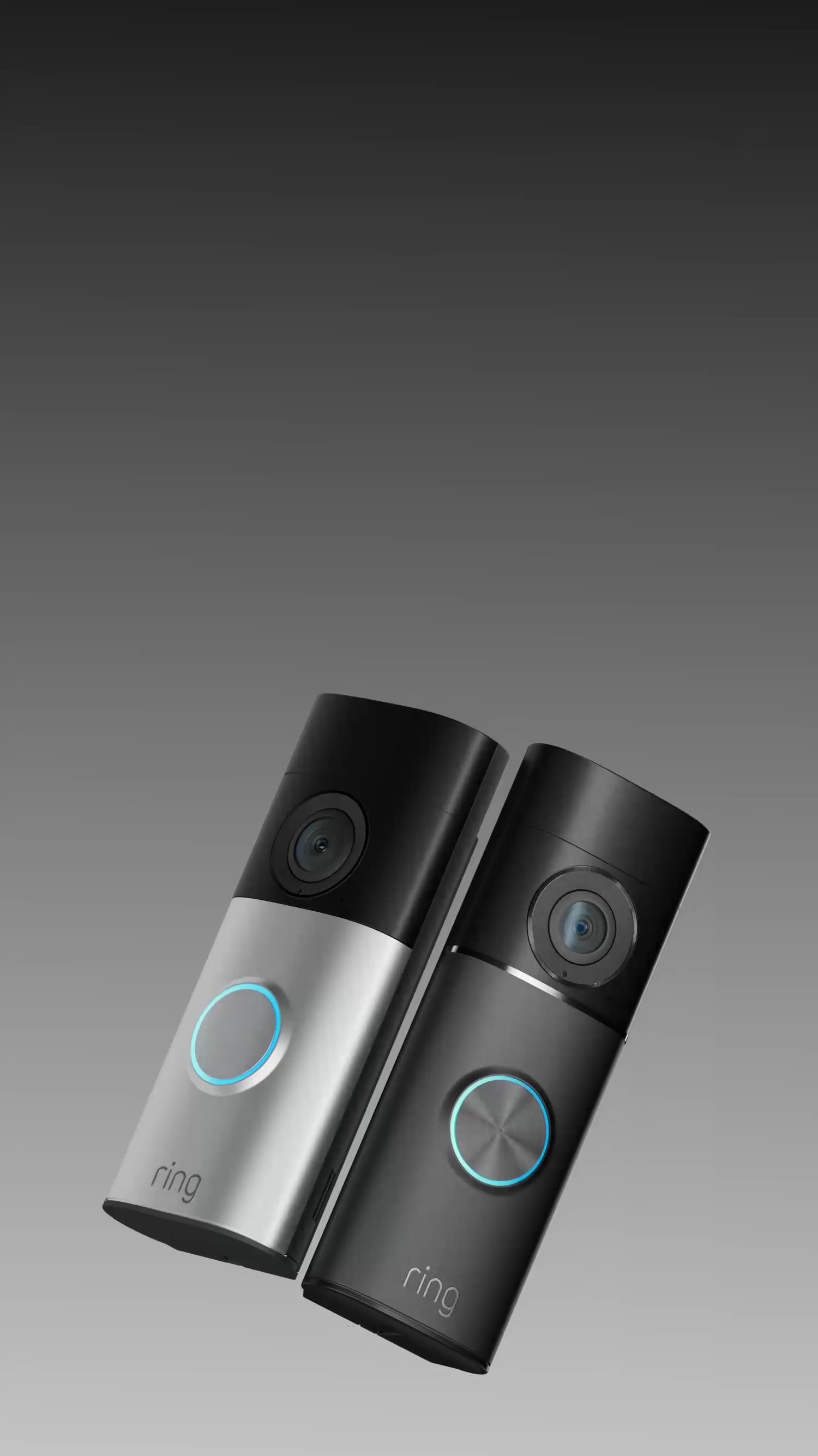 Animated video of two Ring Doorbells on a sleek dark grey background